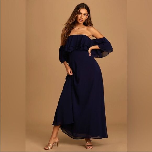 NEW Lulu's Navy Off-the-Shoulder Ruffled Maxi Dress Gown Size Large - Picture 1 of 11